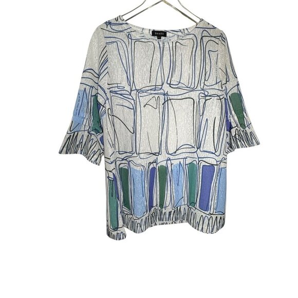 DAMEE INC white blue lightweight boxy tunic top womens size Large blouse - Picture 1 of 8